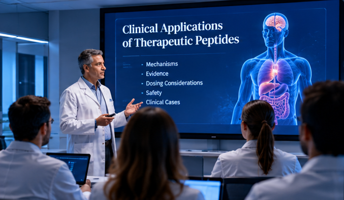 Conceptual illustration of a peptide education lecture with adult learners