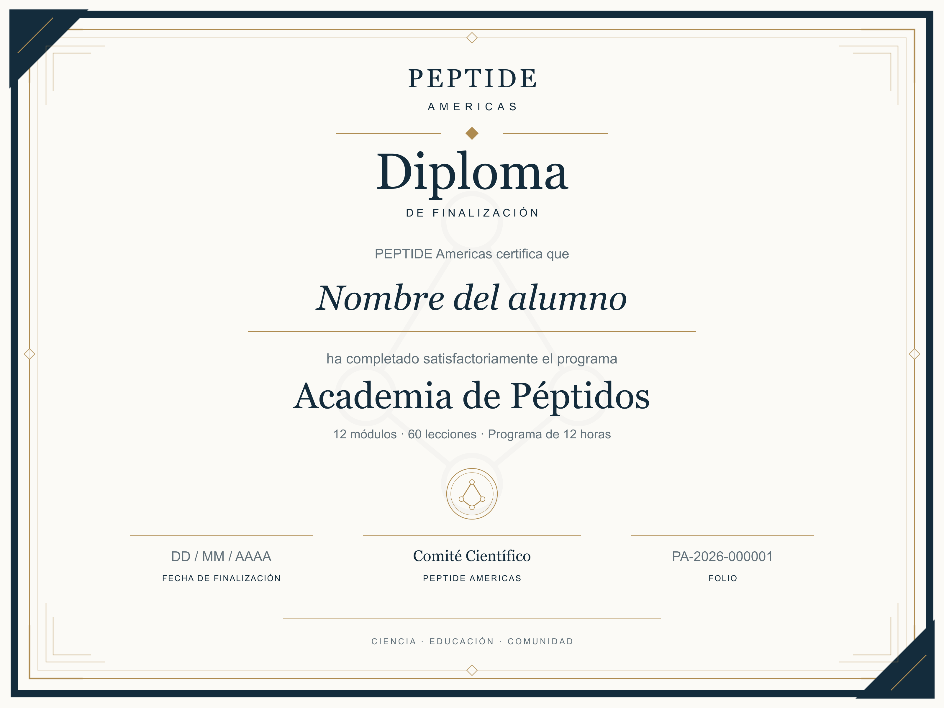 Updated sample design of the Academia de Péptidos completion diploma from PEPTIDE Americas, with an example student name. Not professional accreditation.