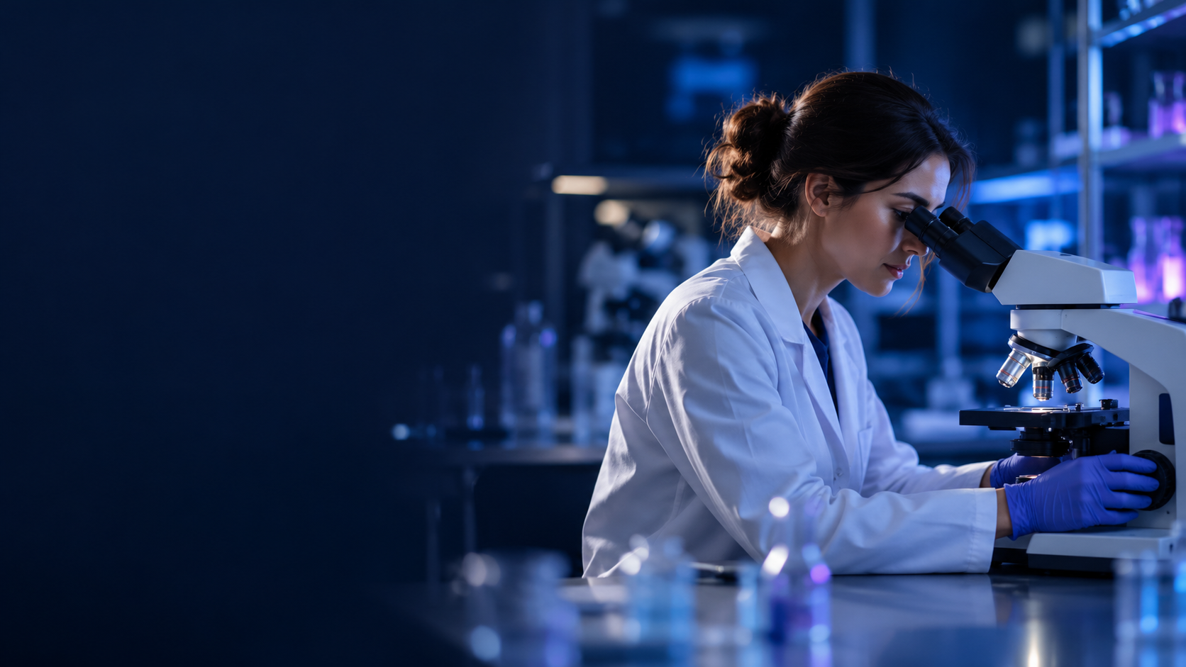 Researcher in a laboratory coat looking through a microscope in a blue-lit laboratory