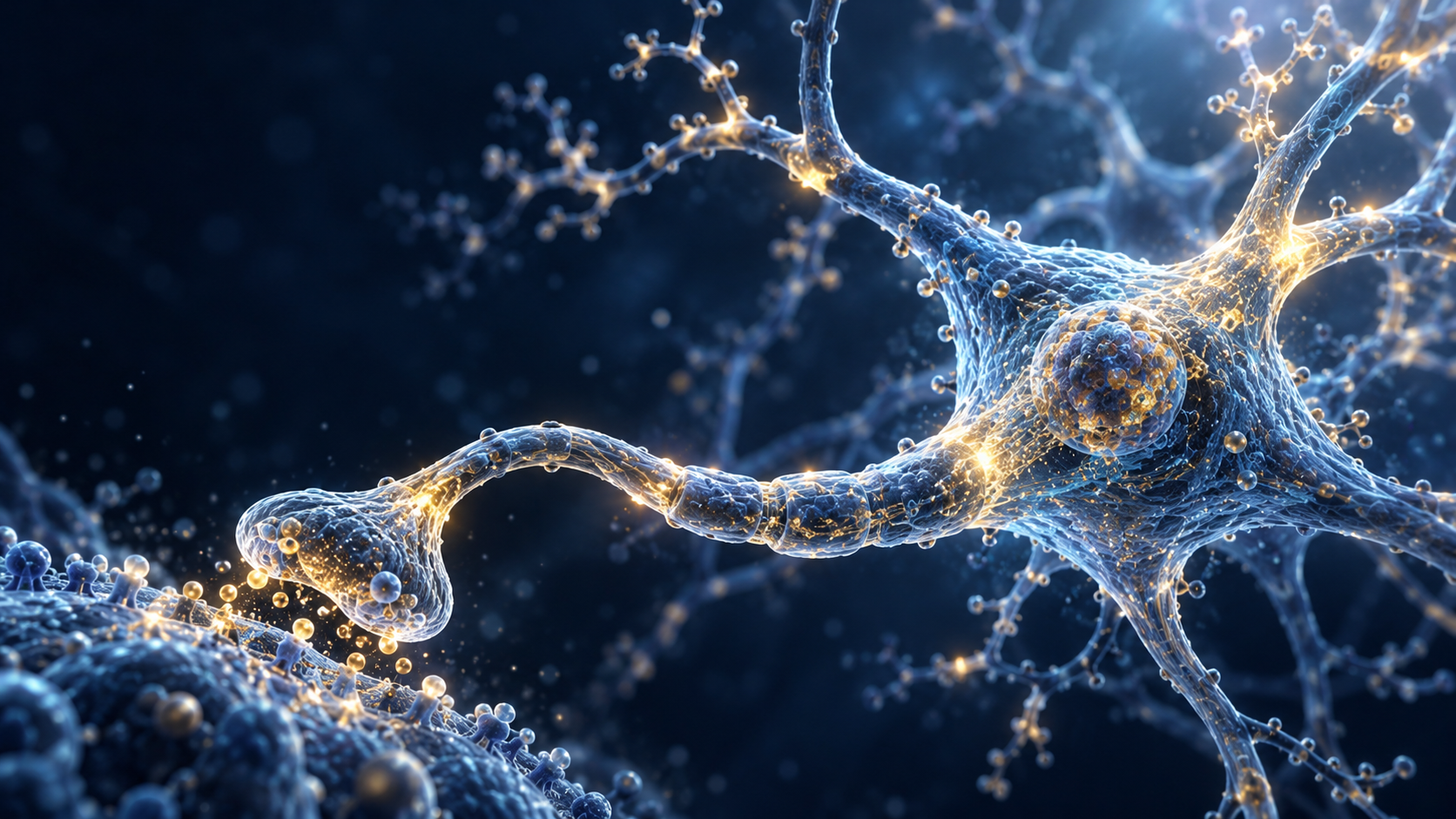 Branching blue neuron-like form with gold accents; conceptual illustration, not recorded nerve activity.