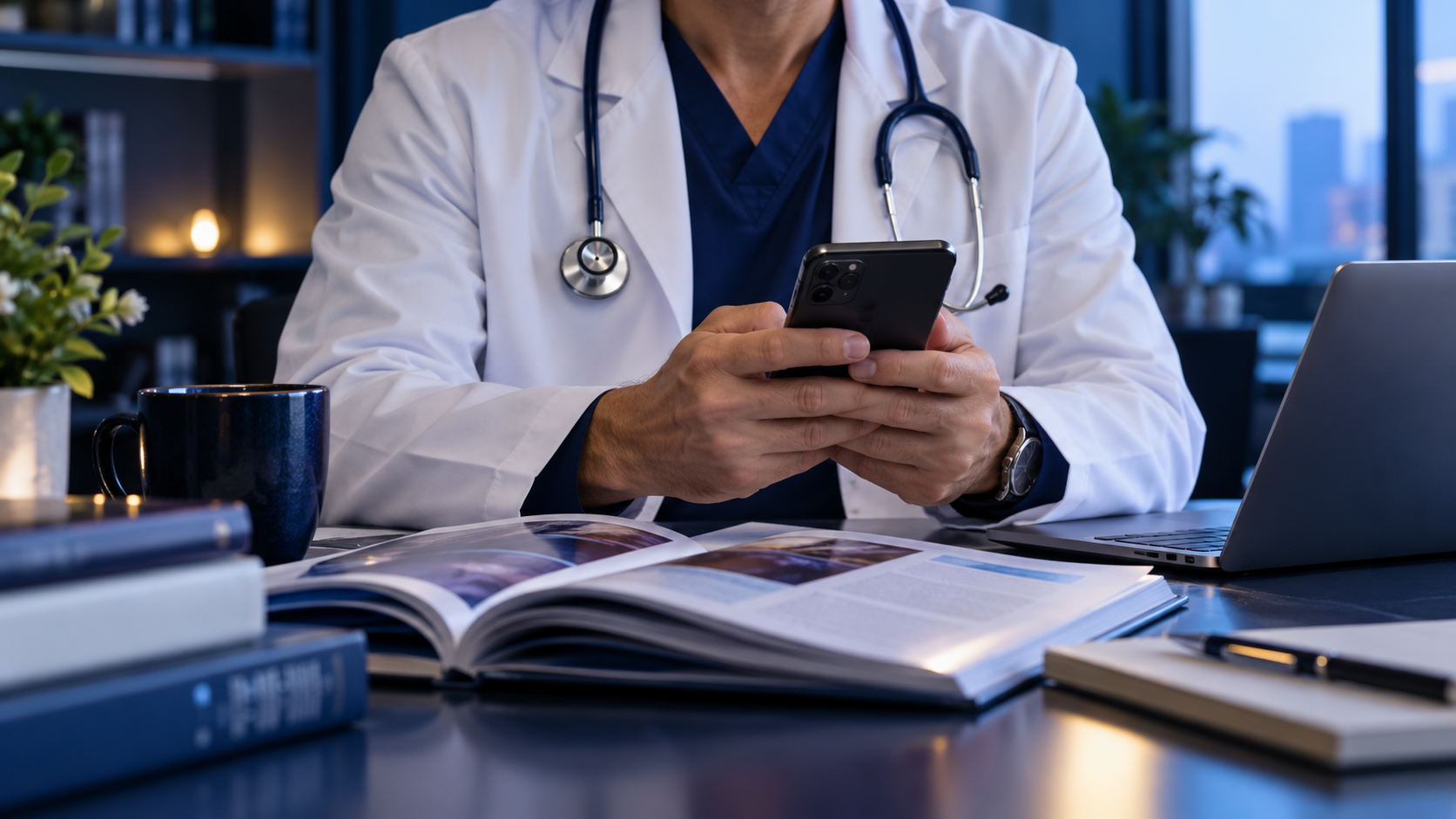 Clinician using a phone beside an open scientific publication and a laptop