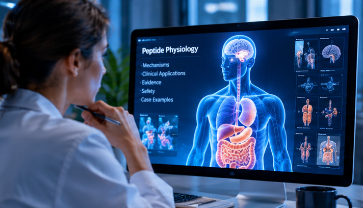 Conceptual illustration of a learner viewing peptide physiology on a screen