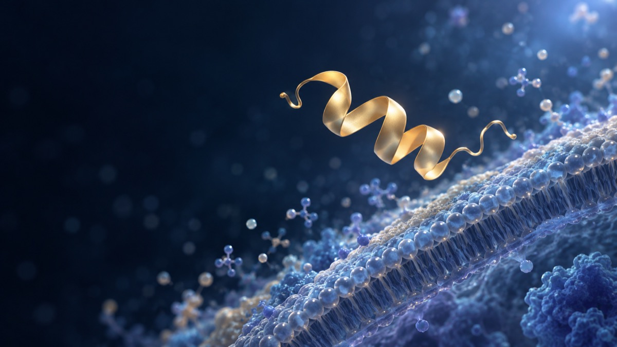 A stylized golden peptide ribbon beside a curved membrane against a dark blue background. Conceptual illustration, not an actual molecular structure.