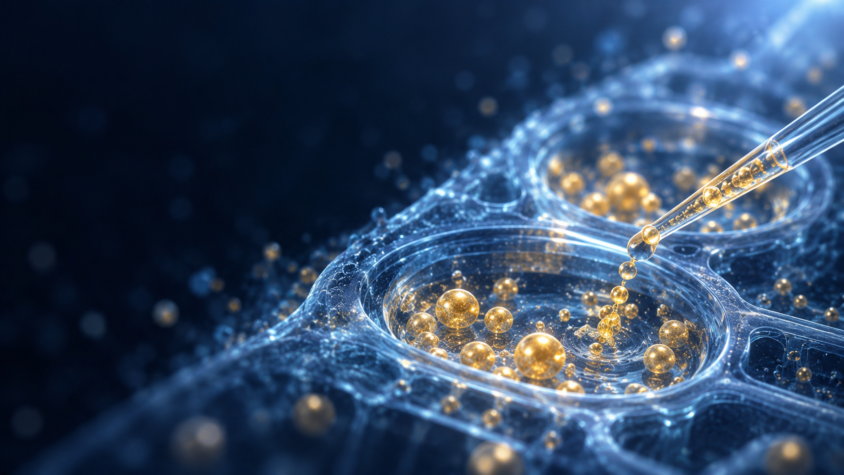 Blue assay-like surface with wells, a capillary and gold particles; conceptual laboratory context, without measured results.