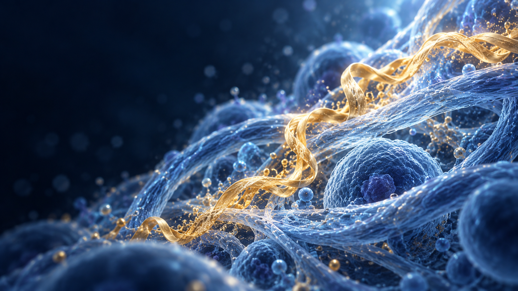 Blue tissue matrix with interwoven fibers and gold details; conceptual tissue-repair research illustration.