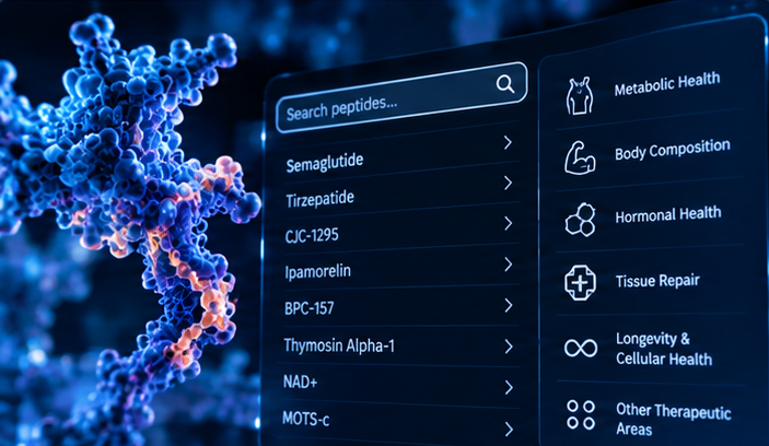 Conceptual illustration of a molecular structure beside a peptide search interface