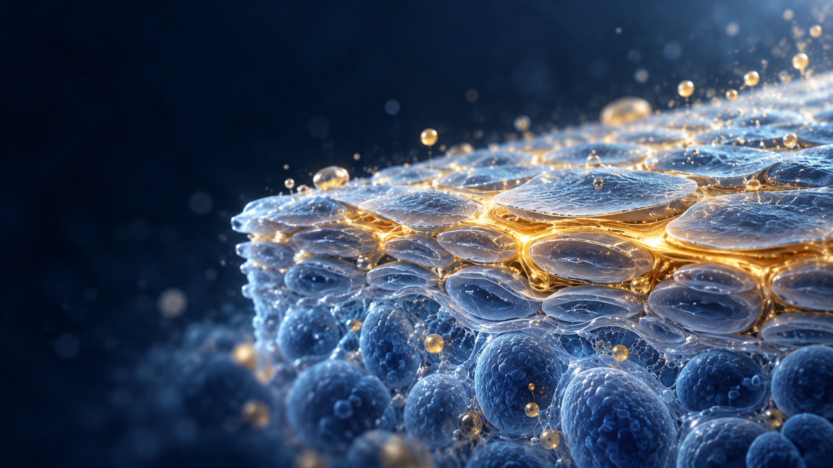 Blue cell layers with gold seams; conceptual skin-barrier illustration, without depicting treatment penetration.