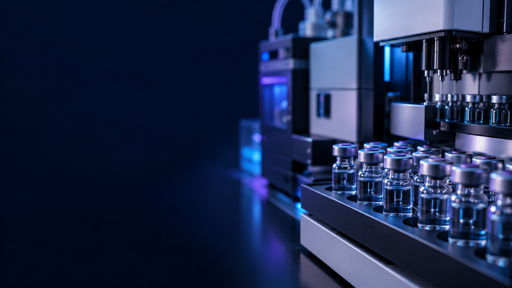 Unlabeled glass vials beside laboratory analysis equipment under blue lighting