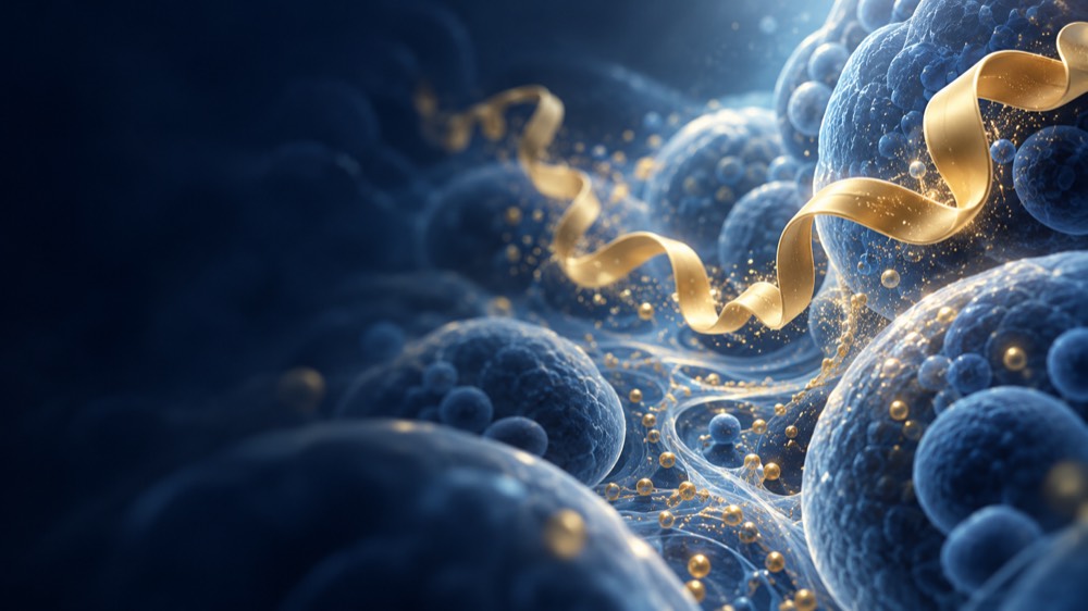 Golden ribbon among abstract blue cellular shapes. Conceptual metabolic-research illustration, not a treatment effect.