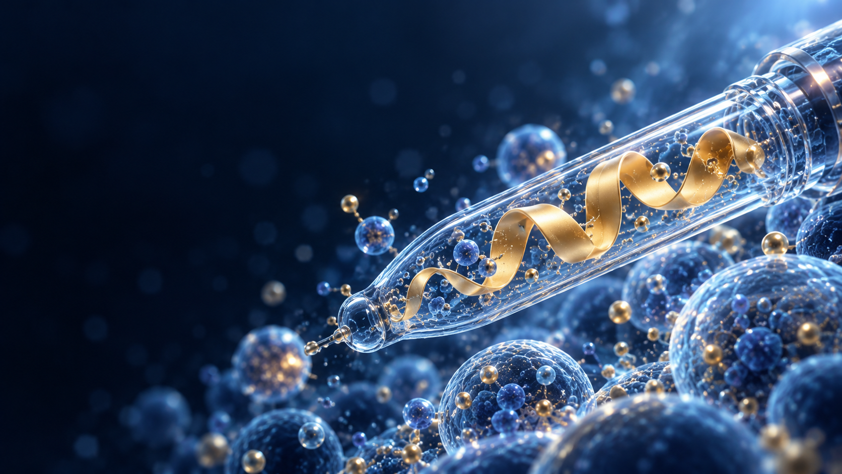 Transparent blue capillary with a gold ribbon and sample-like forms; conceptual quality-control illustration, not certification.