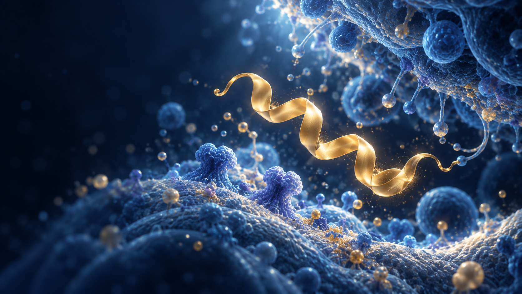 Gold ribbon between blue cellular surfaces; conceptual illustration of open questions in peptide research.