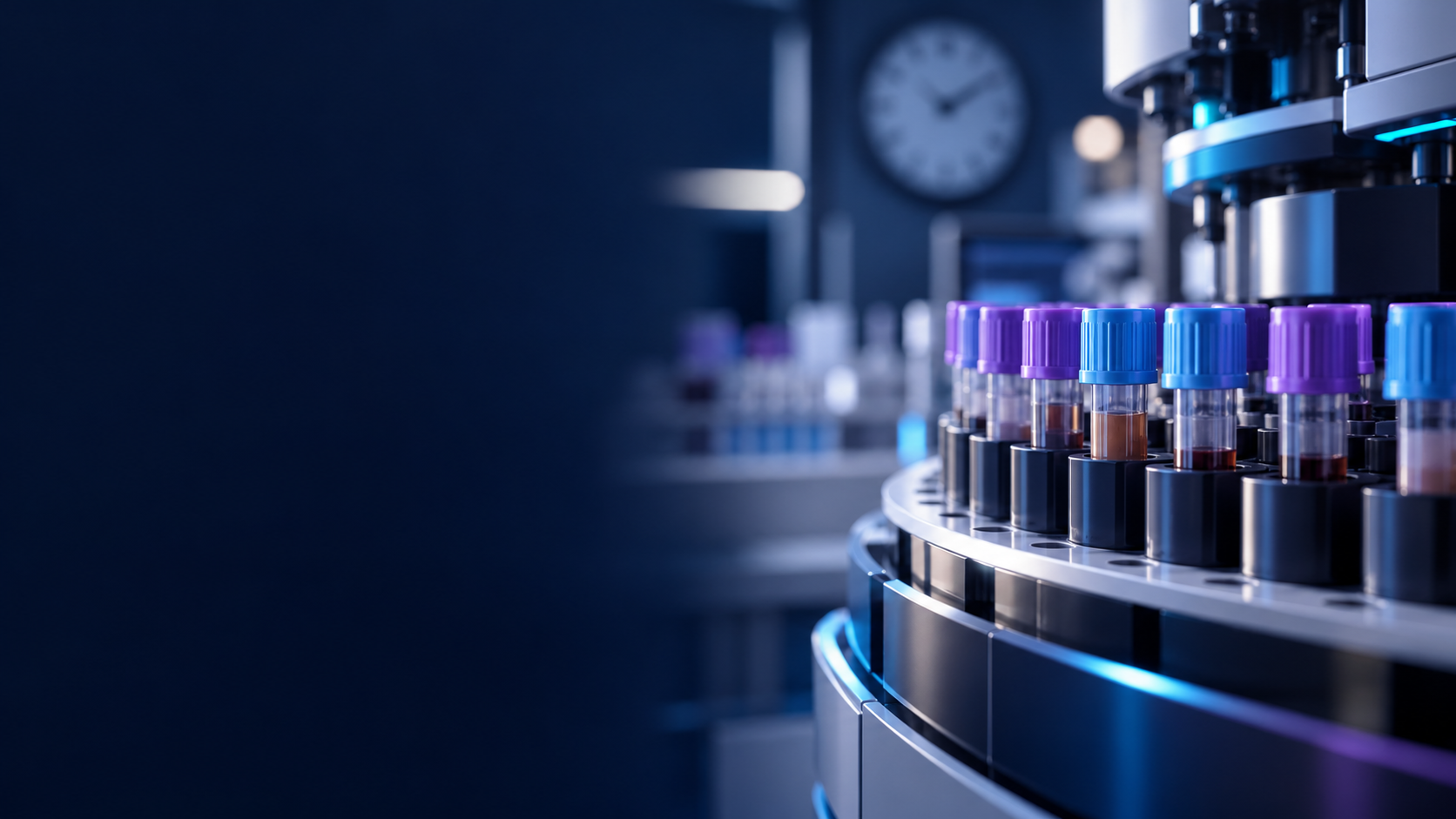 Capped sample tubes in a laboratory analyzer with a clock in the background