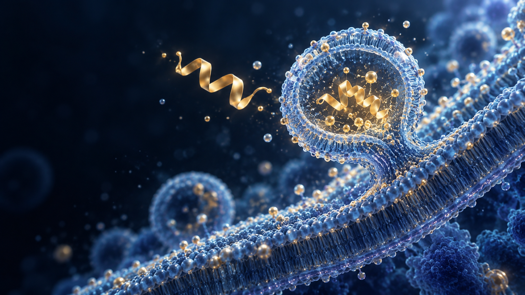 Blue membrane and vesicle with gold motifs inside; conceptual cellular transport illustration.