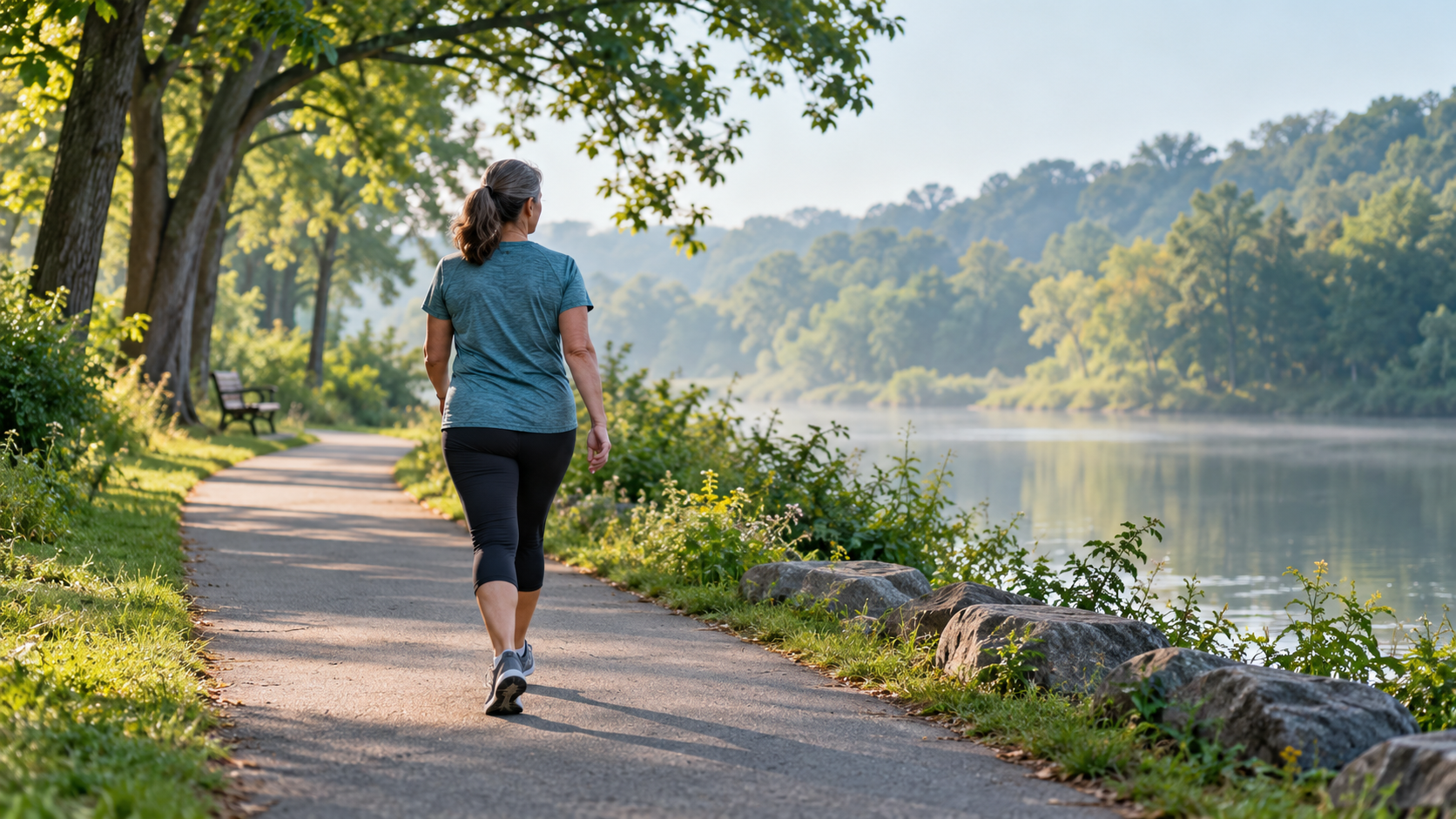 An adult walking on a tree-lined path beside a lake