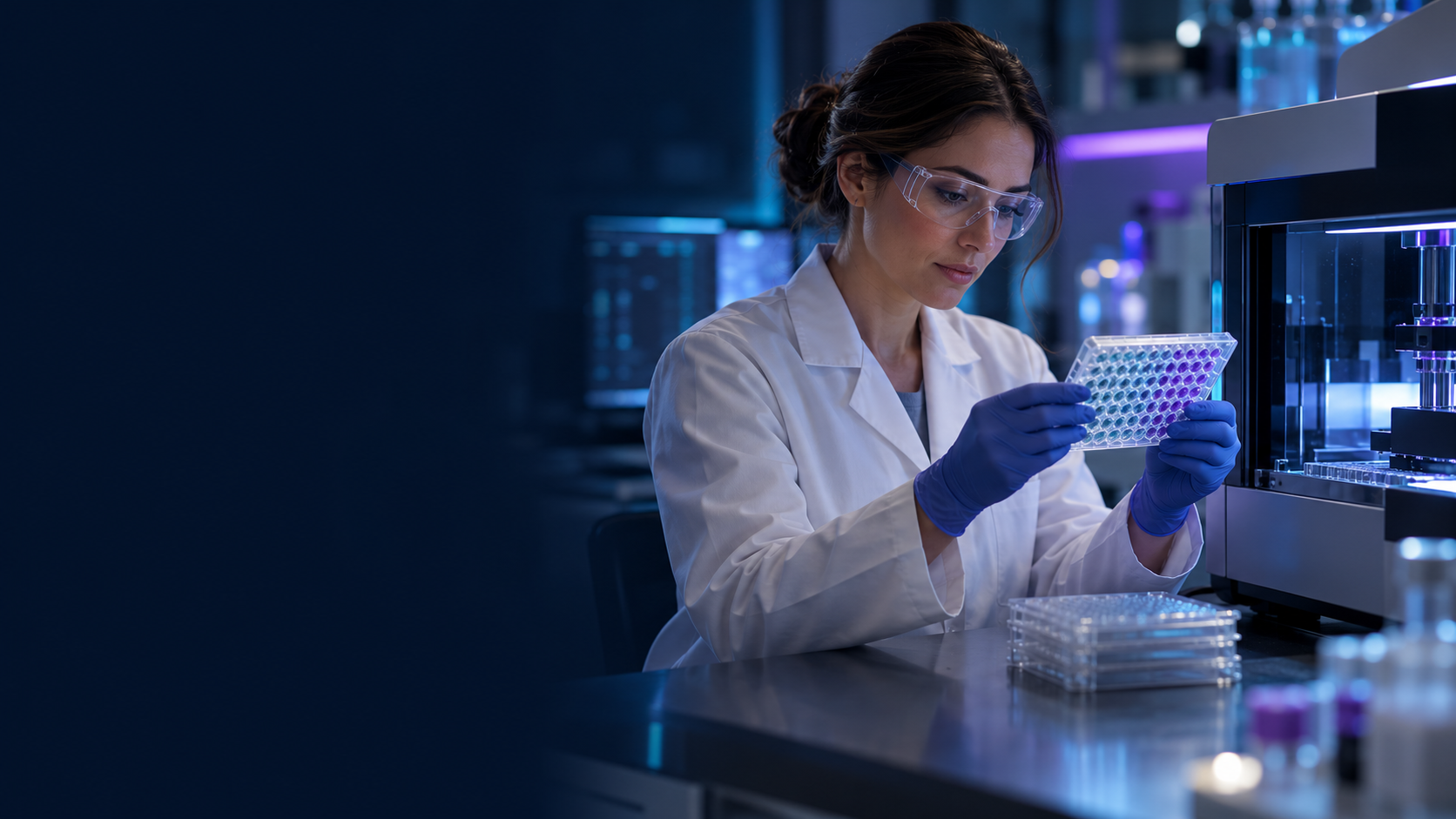 Laboratory researcher examining a multiwell plate under blue lighting