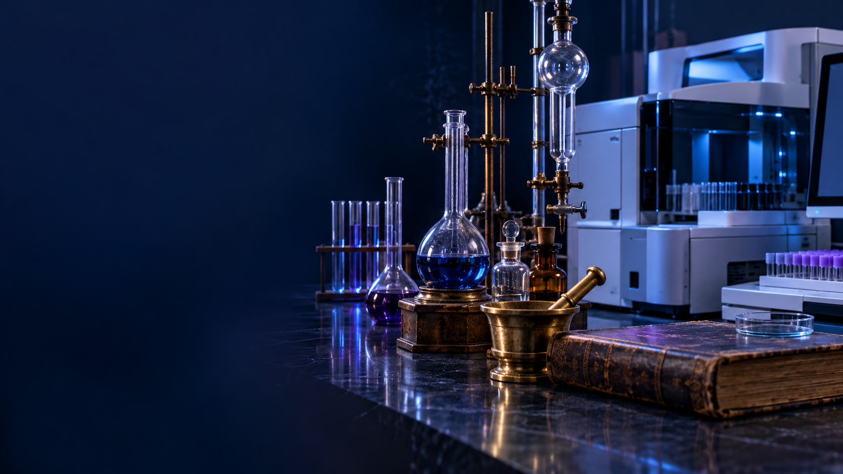 Historic laboratory glassware, a book and mortar beside modern laboratory equipment