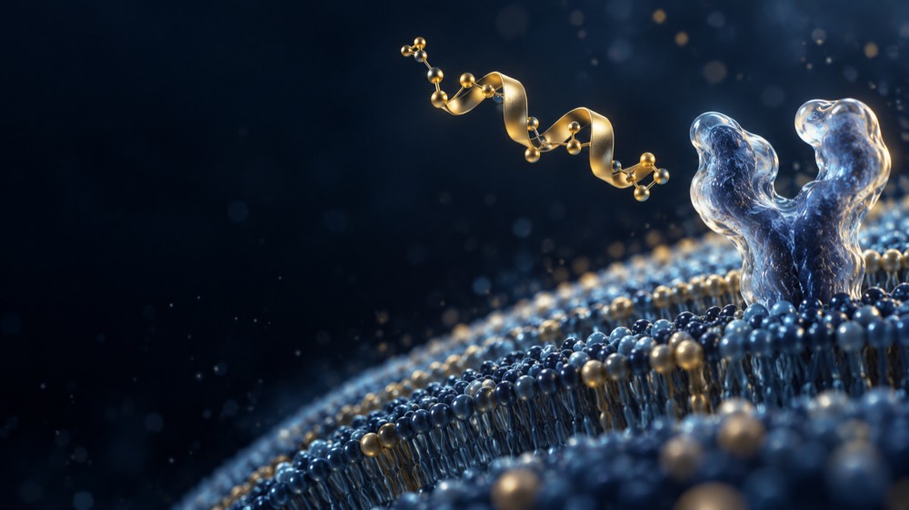 Golden peptide-like ribbon above a blue membrane beside an abstract receptor shape. Conceptual art, not a structural model.