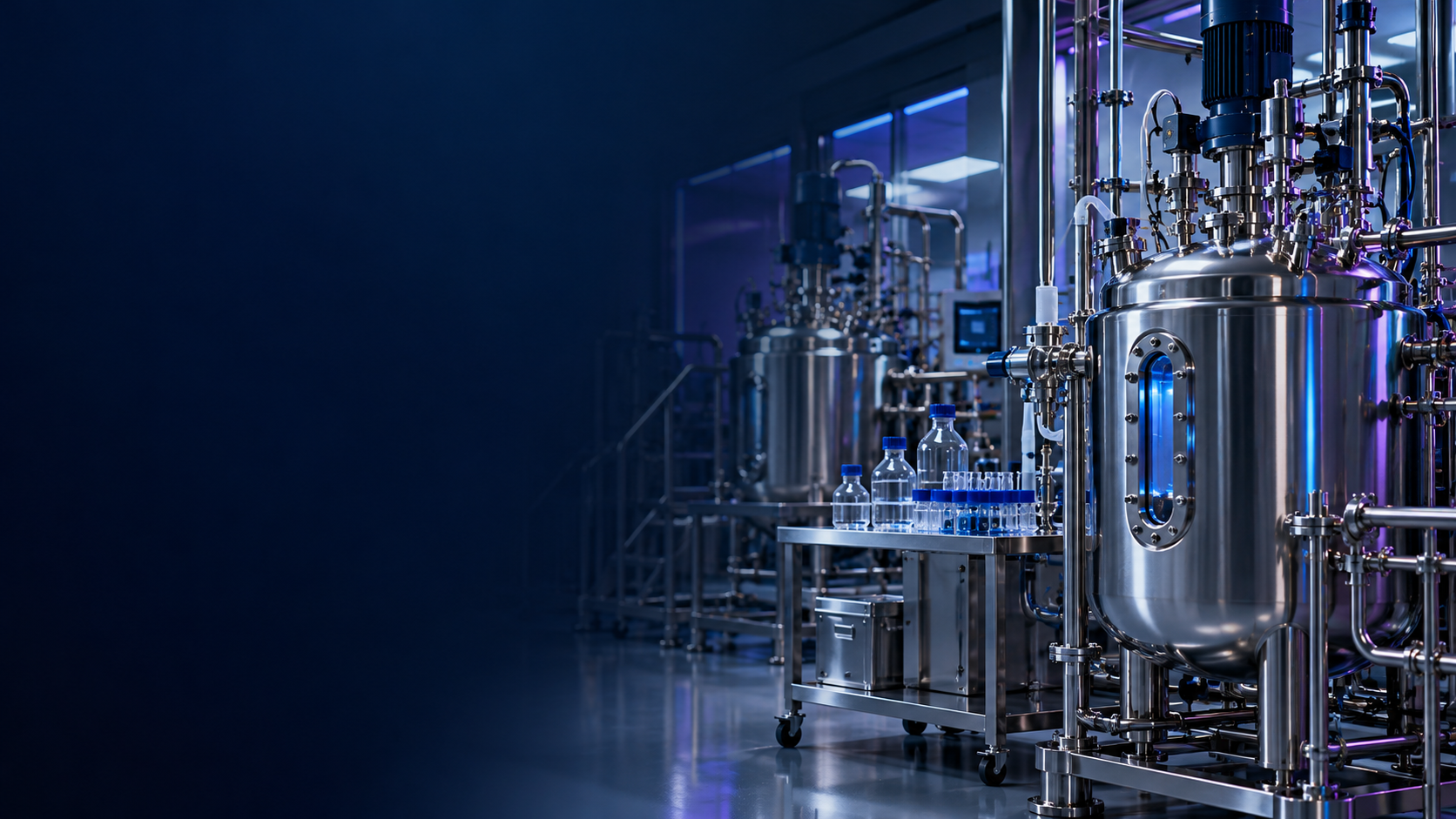 Stainless-steel laboratory processing vessels and unlabeled glassware under blue lighting