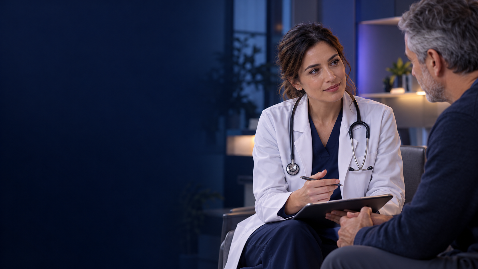 Clinician and adult patient talking in a consultation room