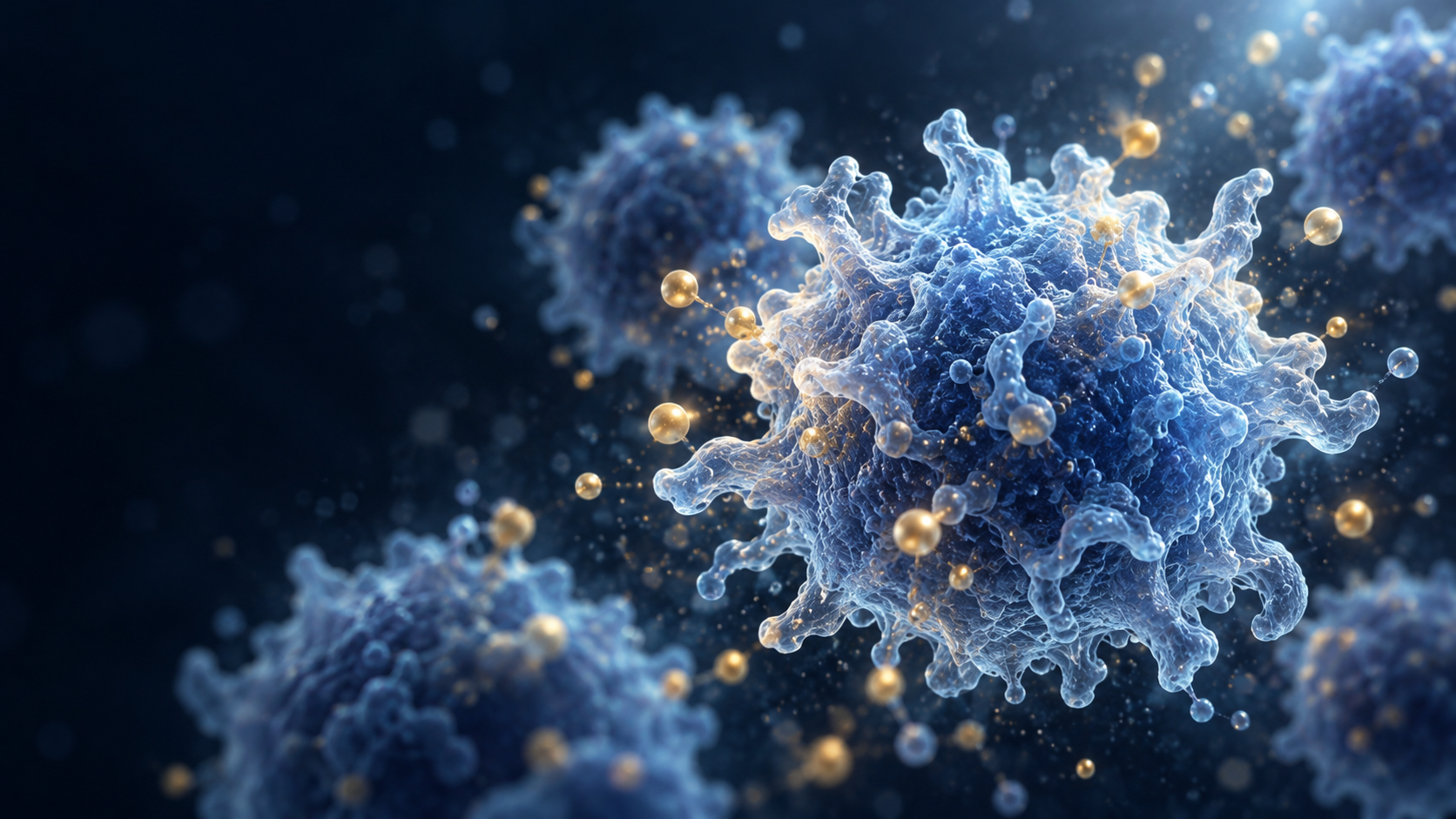 Blue ruffled cell-like forms and gold particles; conceptual immunity editorial artwork.